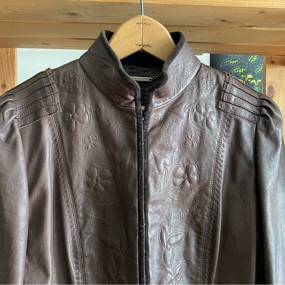 Elie Tahari Brown Floral Embroidered Embellished Leather Moto Jacket - Picture 4 of 16